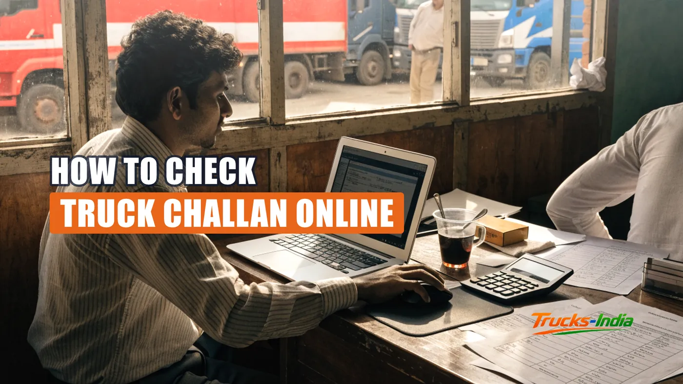 Transport office desk with a laptop showing a vehicle record beside truck registration papers