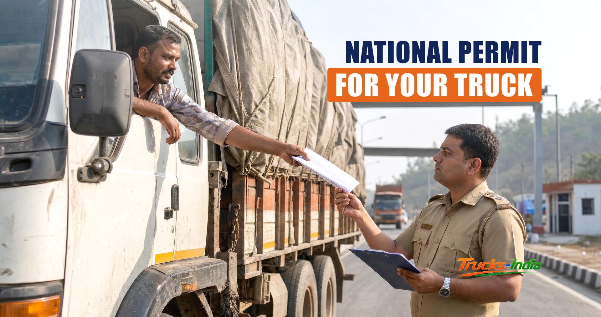 Indian truck at a state border check post with permit documents being verified