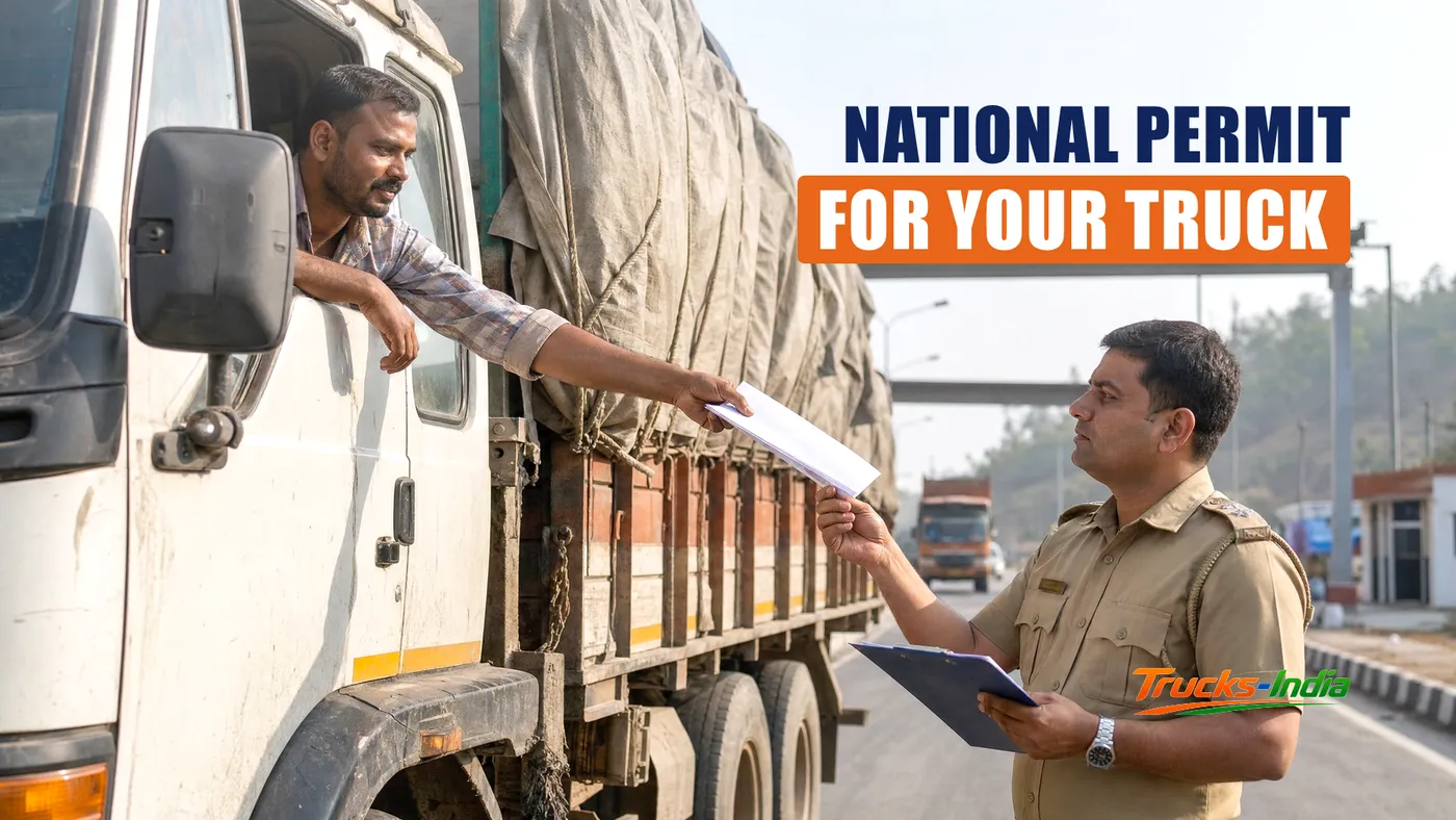 Indian truck at a state border check post with permit documents being verified