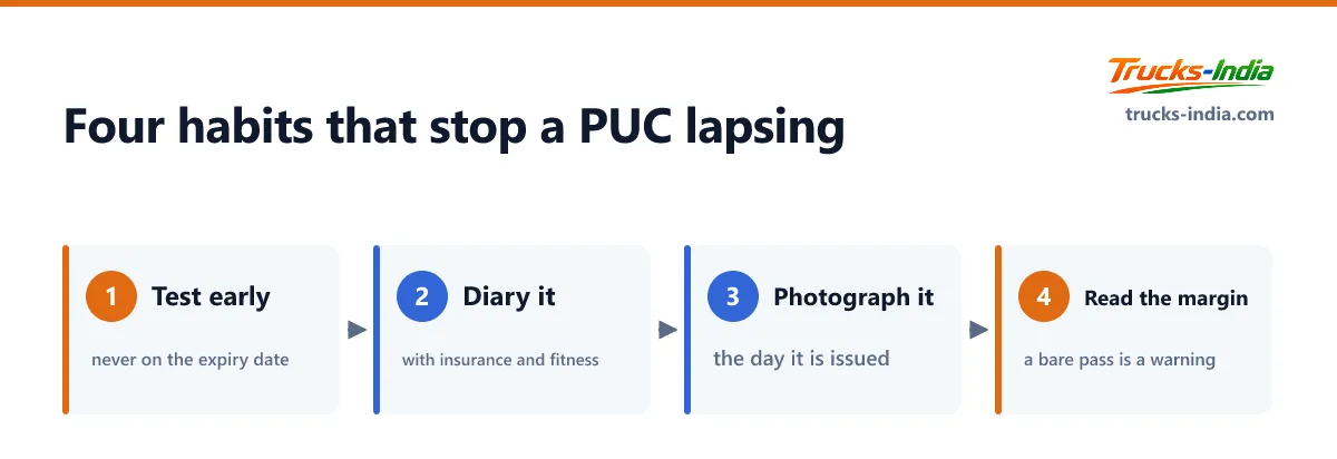 The four habit changes that stop a PUC certificate lapsing on an Indian commercial vehicle, from testing early to treating a marginal pass as a warning