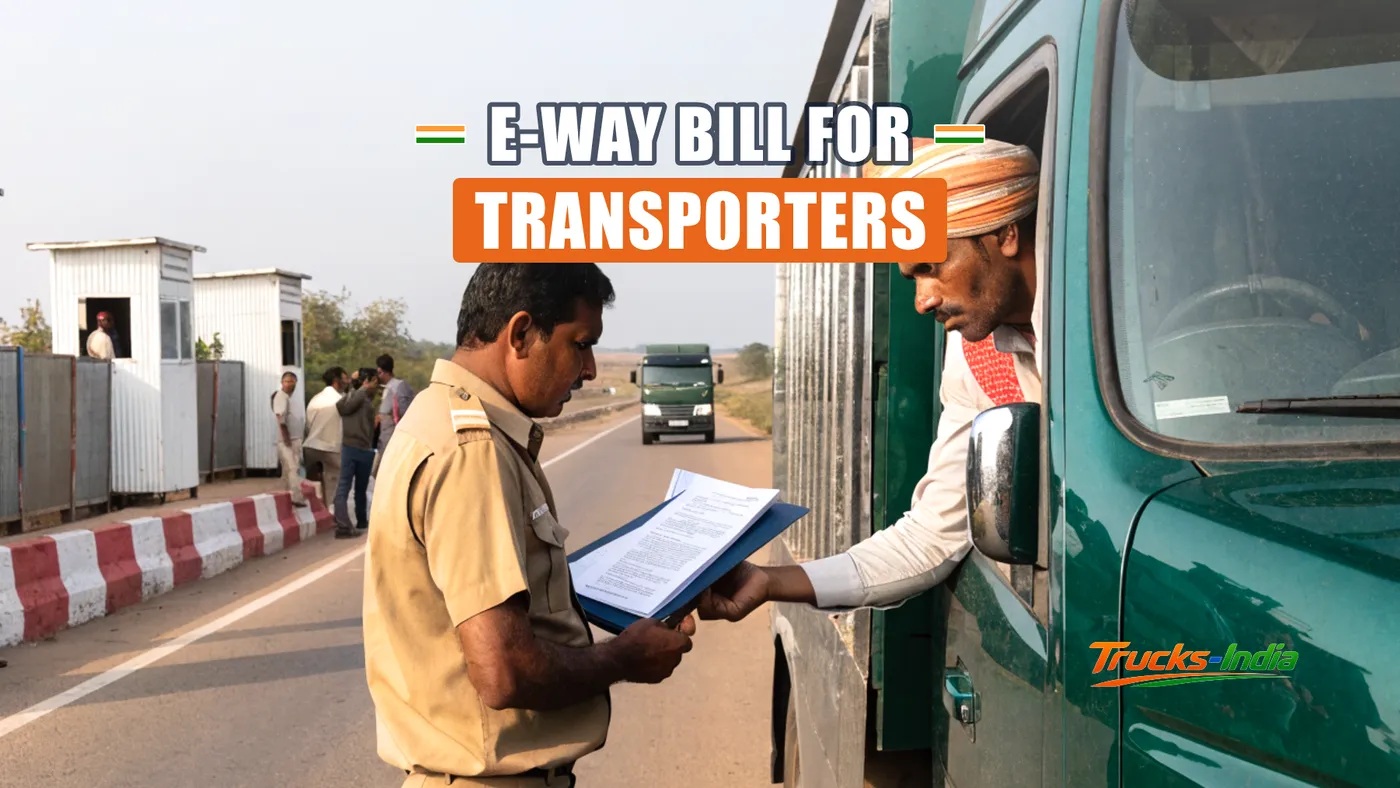 Indian truck driver handing transport documents to an inspector at a highway check post