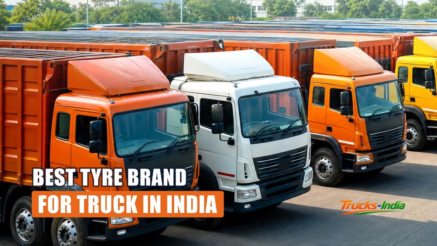 New truck tyres stacked at an Indian commercial tyre dealer