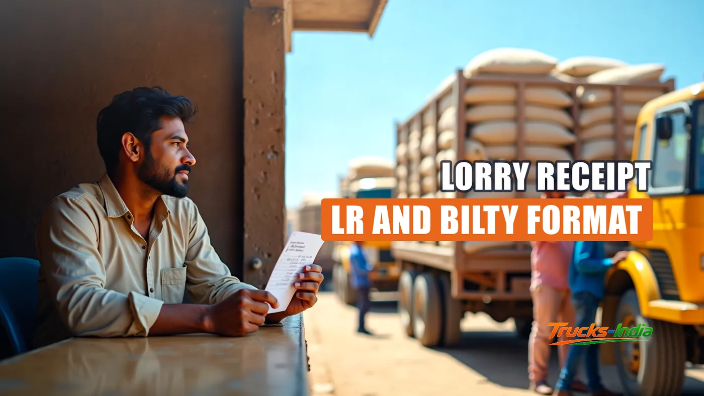 Booking clerk holding a lorry receipt at a transport counter while workers load a truck