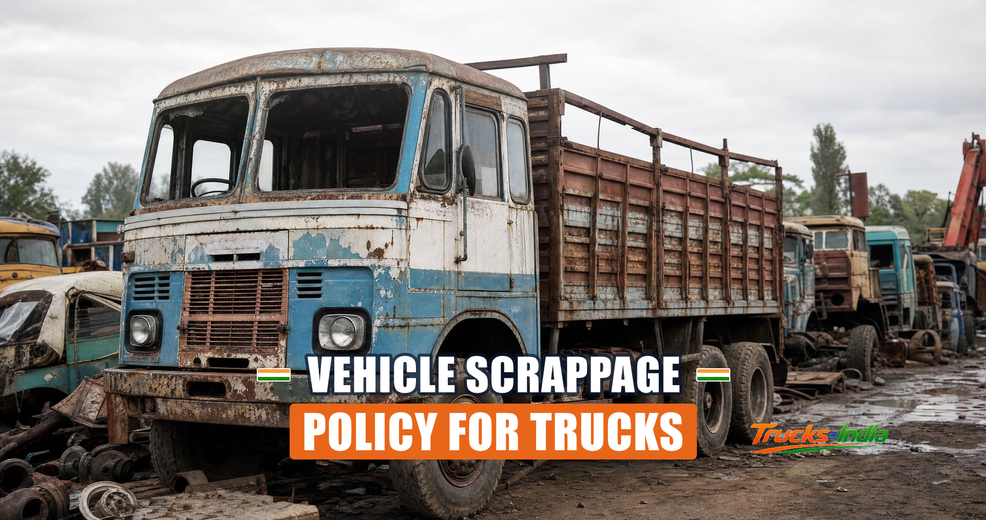 Ageing Indian commercial truck at a registered vehicle scrapping facility