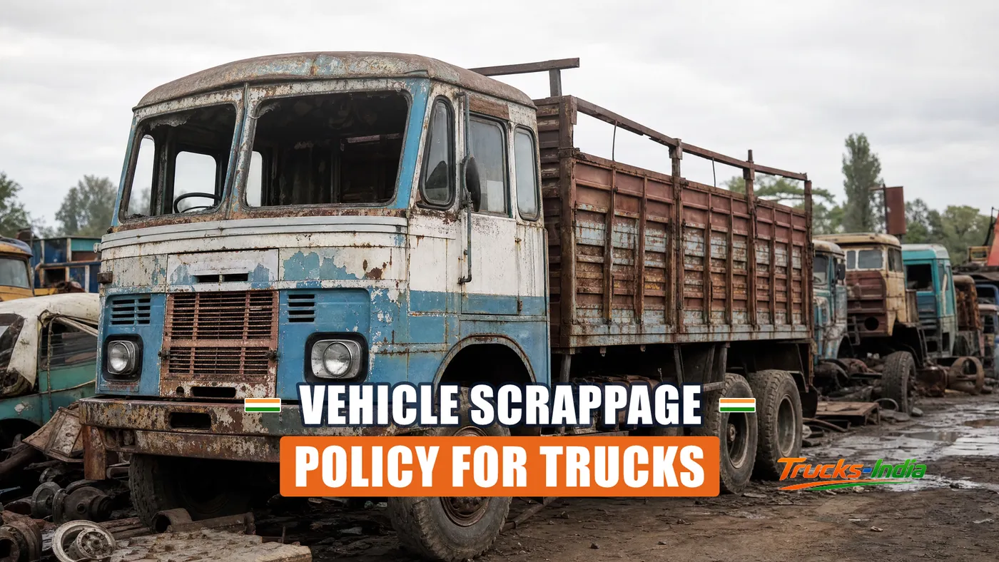 Ageing Indian commercial truck at a registered vehicle scrapping facility