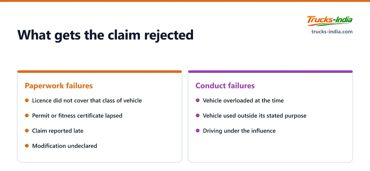 Why truck accident insurance claims are rejected in India, showing that most grounds are paperwork failures rather than anything about the driving