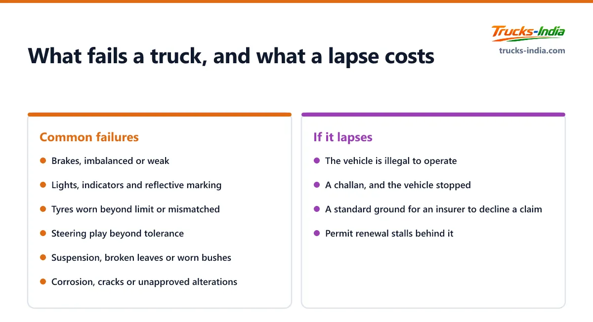 The items that most often fail an Indian commercial vehicle at a fitness test, and the consequences of letting the certificate lapse