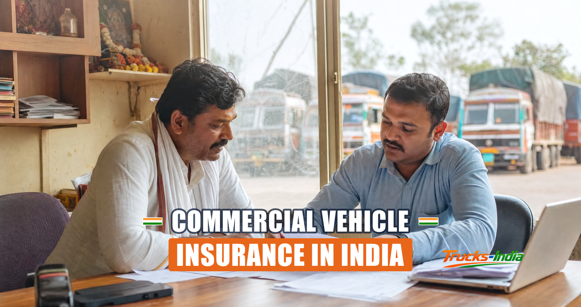 Commercial truck parked at an Indian yard with insurance documents on the bonnet