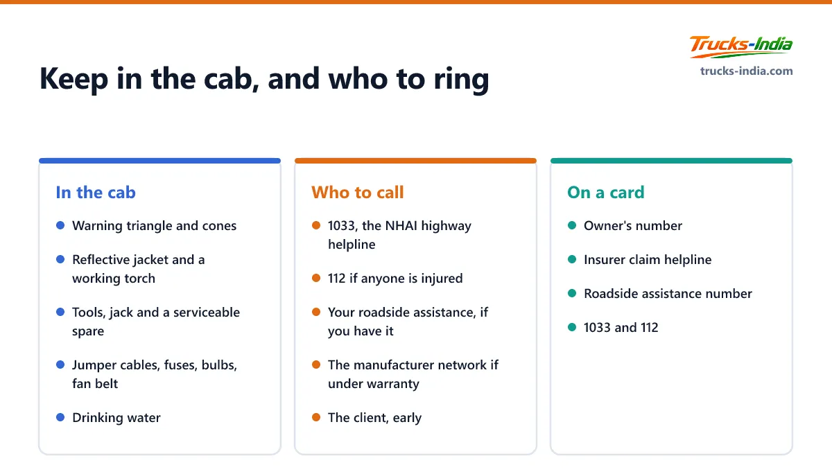What to keep in an Indian truck cab for a highway breakdown and who to call, including the 1033 highway helpline and the insurer claim line