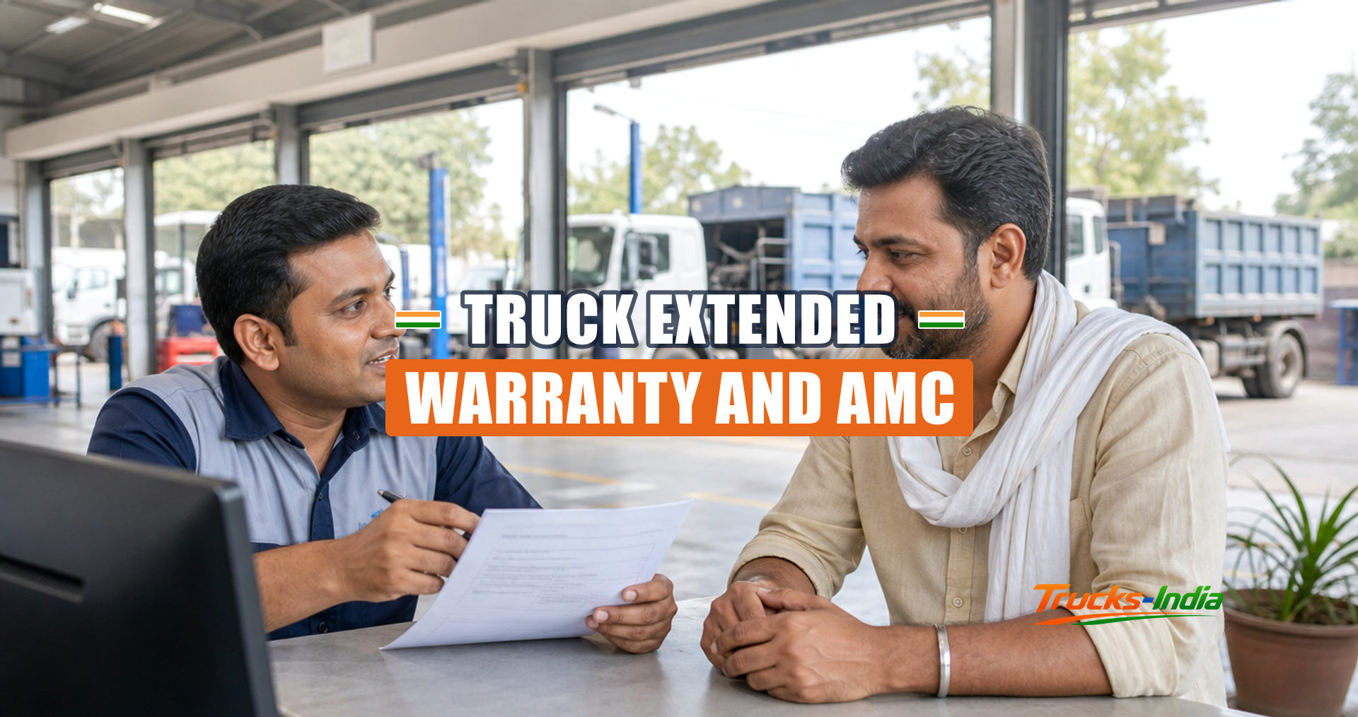 Service advisor explaining a maintenance contract to a truck owner at an Indian dealership workshop