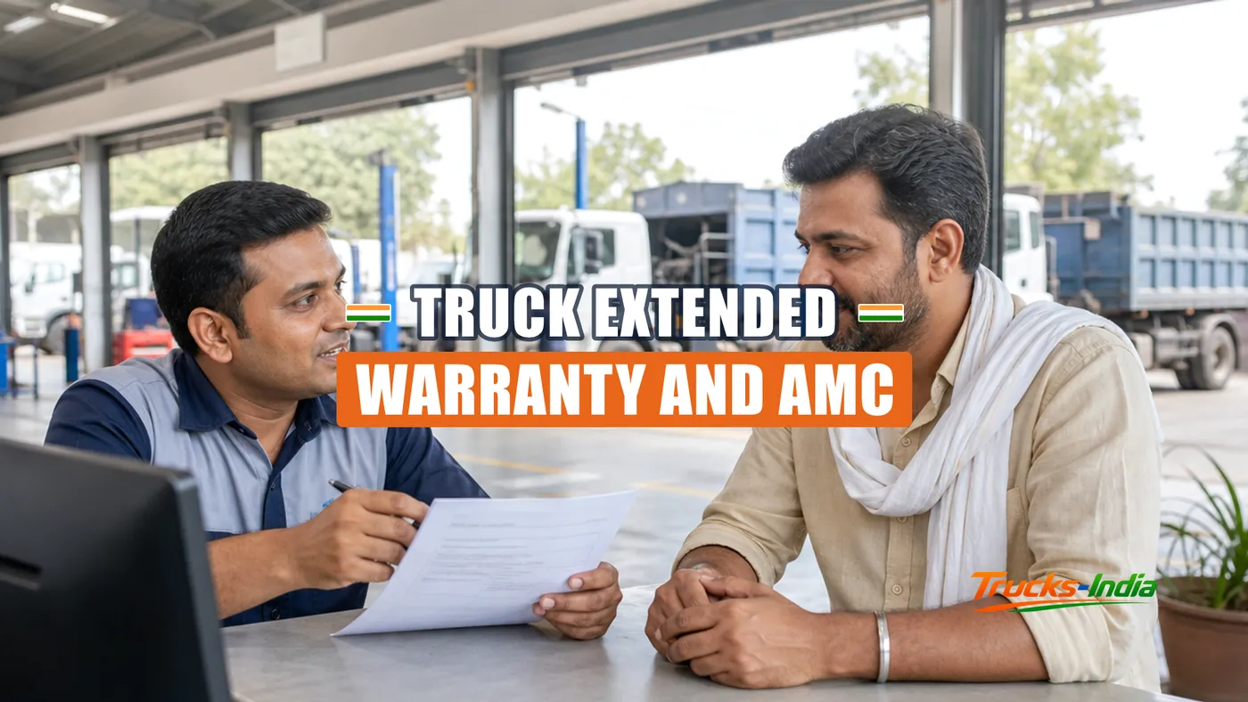 Service advisor explaining a maintenance contract to a truck owner at an Indian dealership workshop
