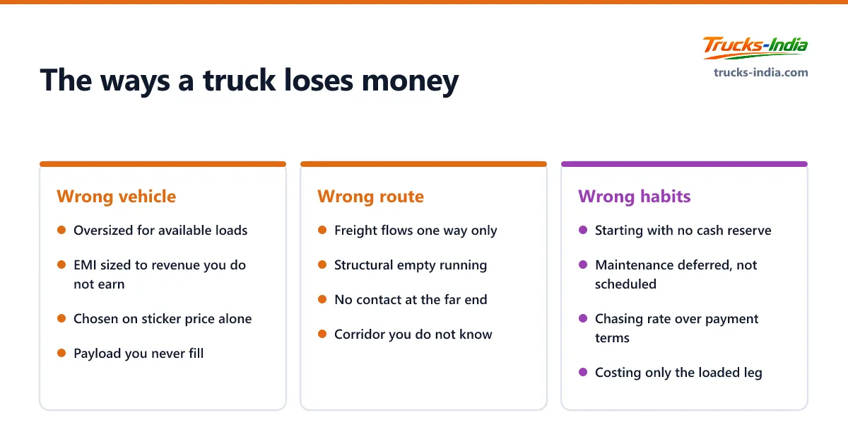 Three column list of the situations where a truck business loses money in India, grouped by vehicle choice, route choice and operating habits