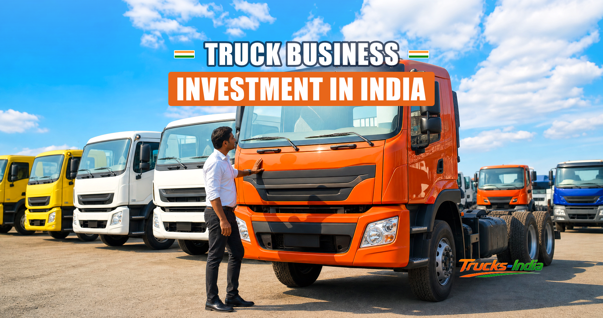 Rows of commercial trucks parked in an Indian fleet yard