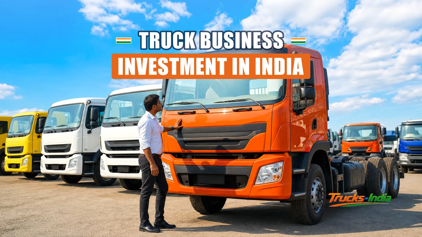 Rows of commercial trucks parked in an Indian fleet yard
