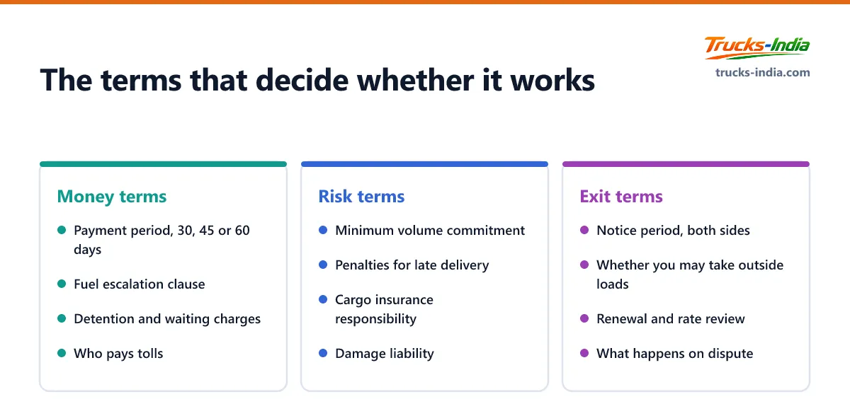 Checklist of the contract terms that matter most to a transporter, grouped into money terms, risk terms and exit terms