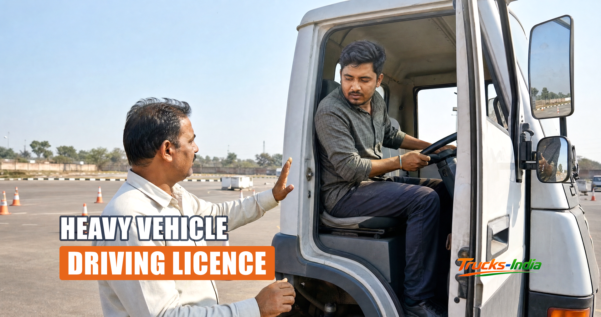 Trainee driver at the wheel of a heavy commercial vehicle at an Indian driving test track