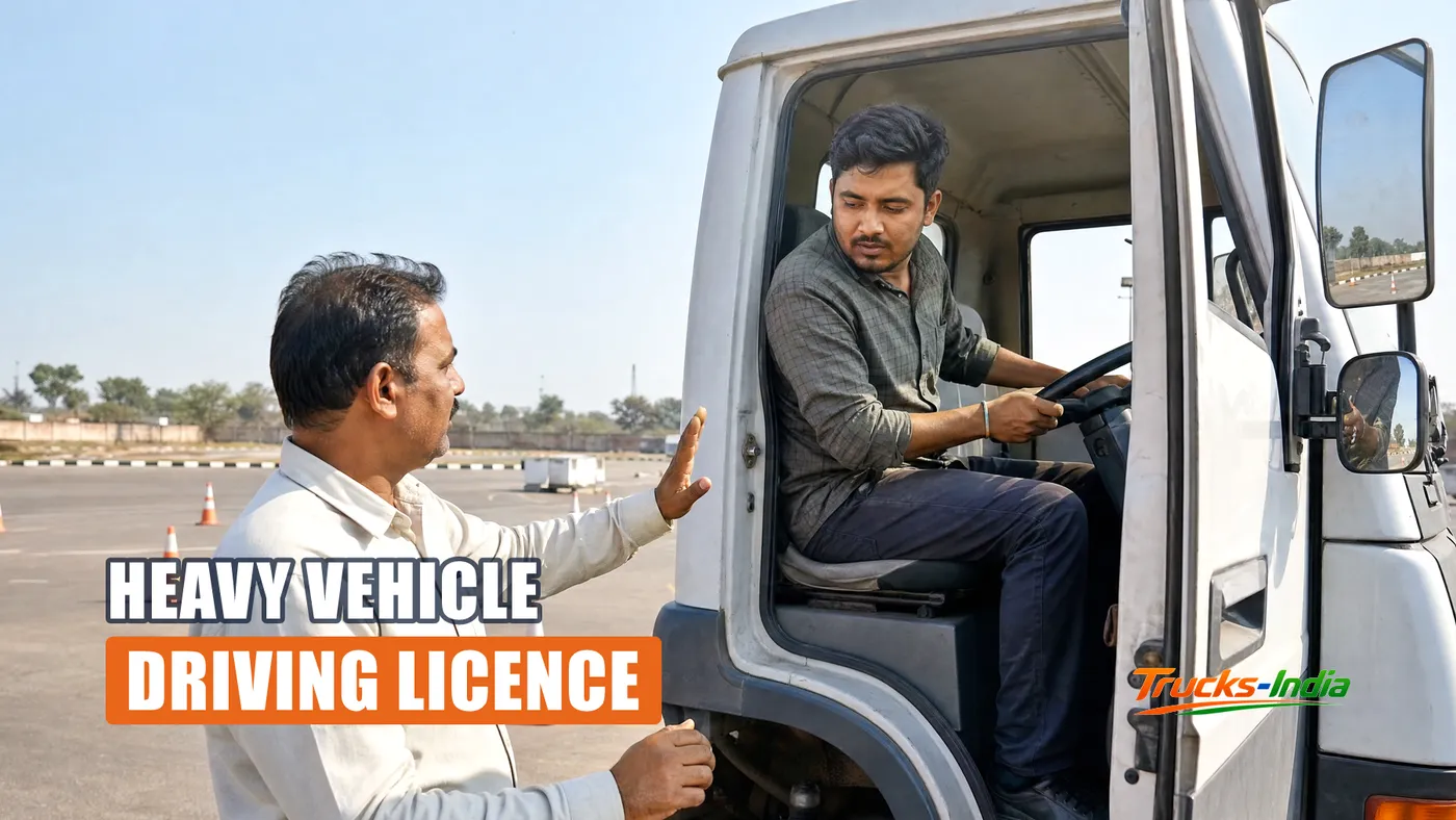 Trainee driver at the wheel of a heavy commercial vehicle at an Indian driving test track