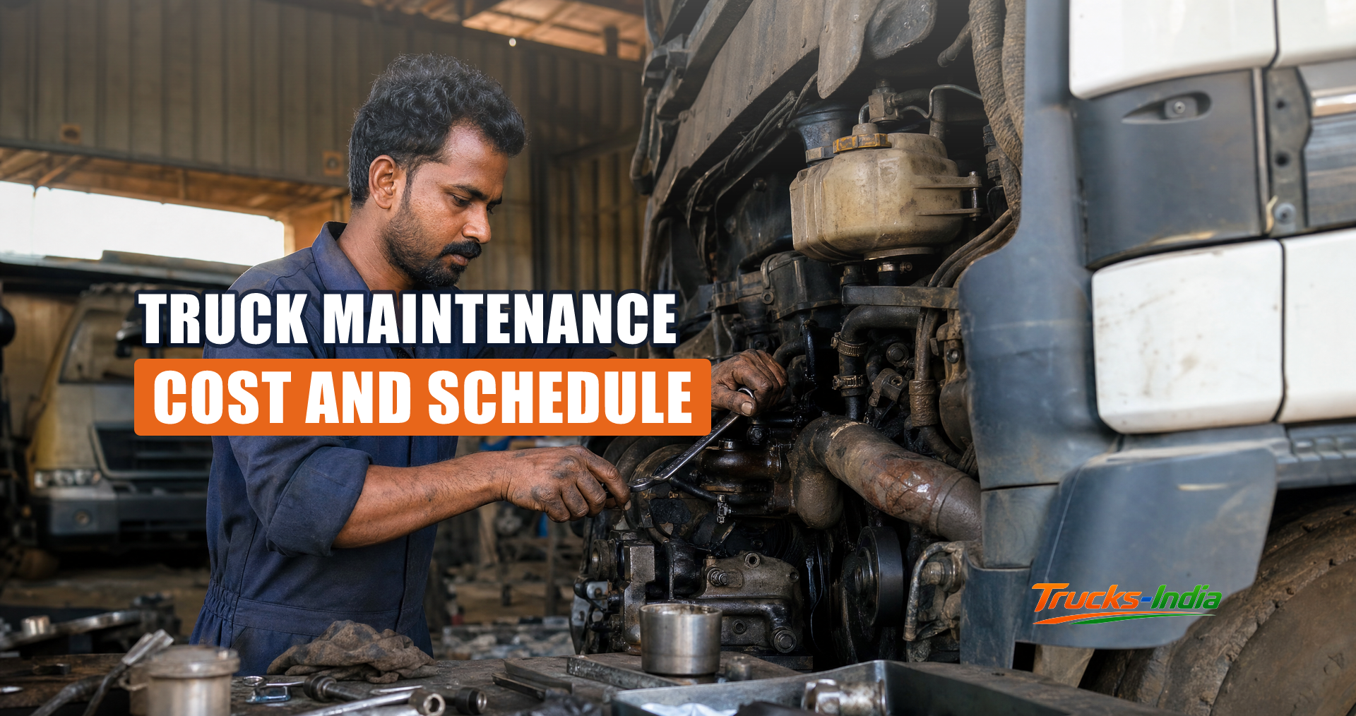 Mechanic servicing a heavy commercial truck in an Indian workshop bay