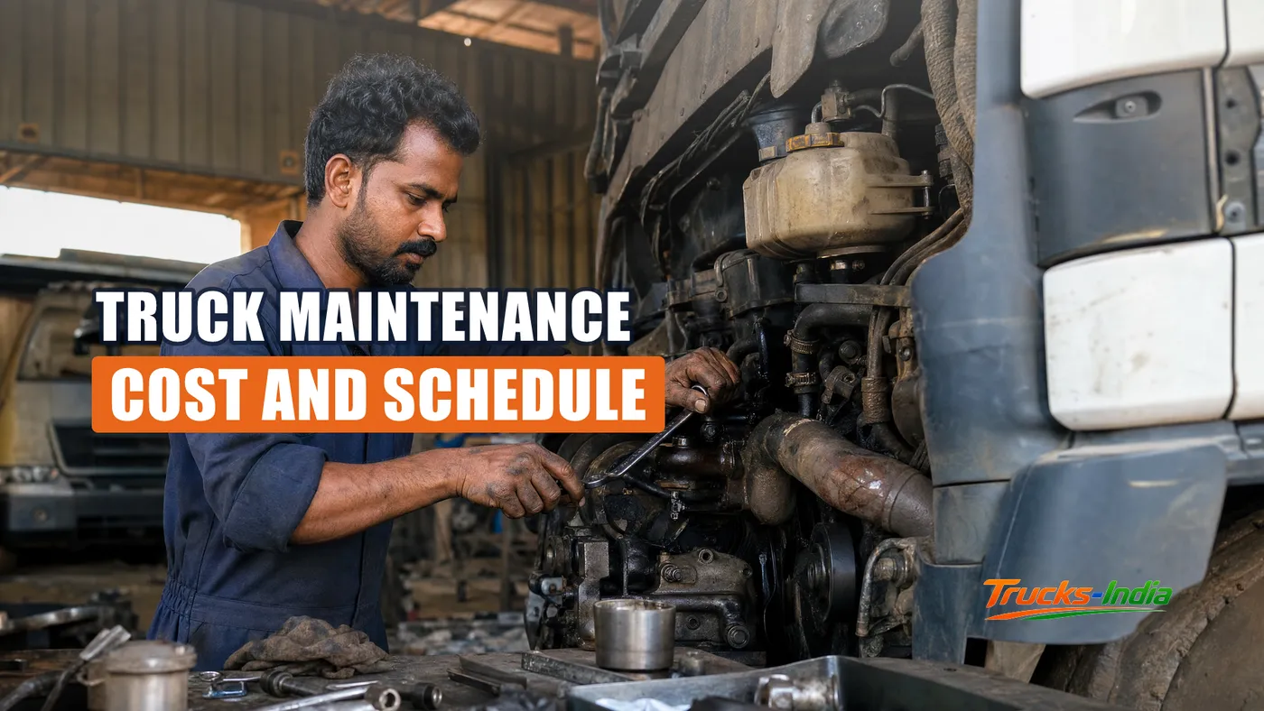 Mechanic servicing a heavy commercial truck in an Indian workshop bay