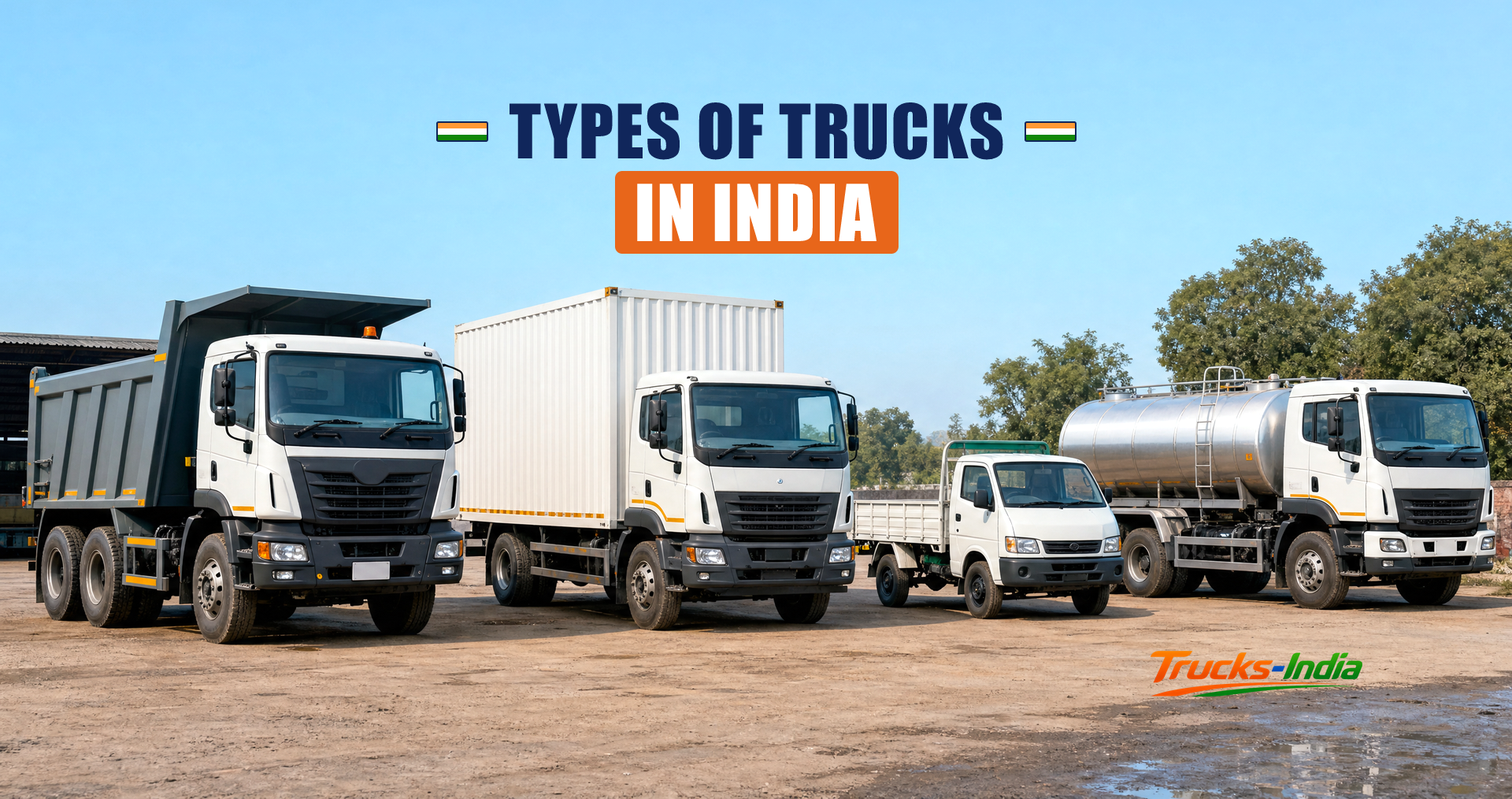 Row of different Indian commercial vehicle types including a tipper, container truck and pickup