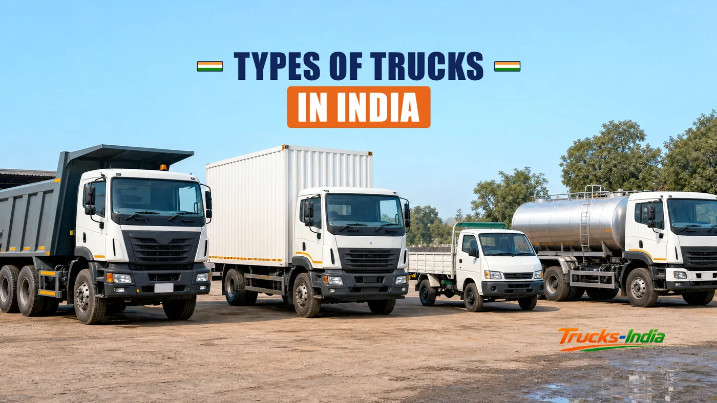 Row of different Indian commercial vehicle types including a tipper, container truck and pickup