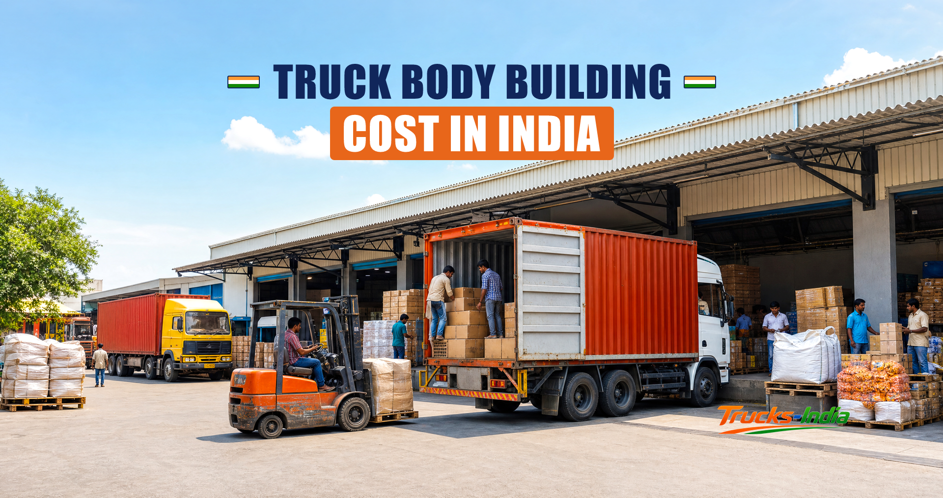 Fabricators building a steel load body onto a truck chassis at an Indian workshop