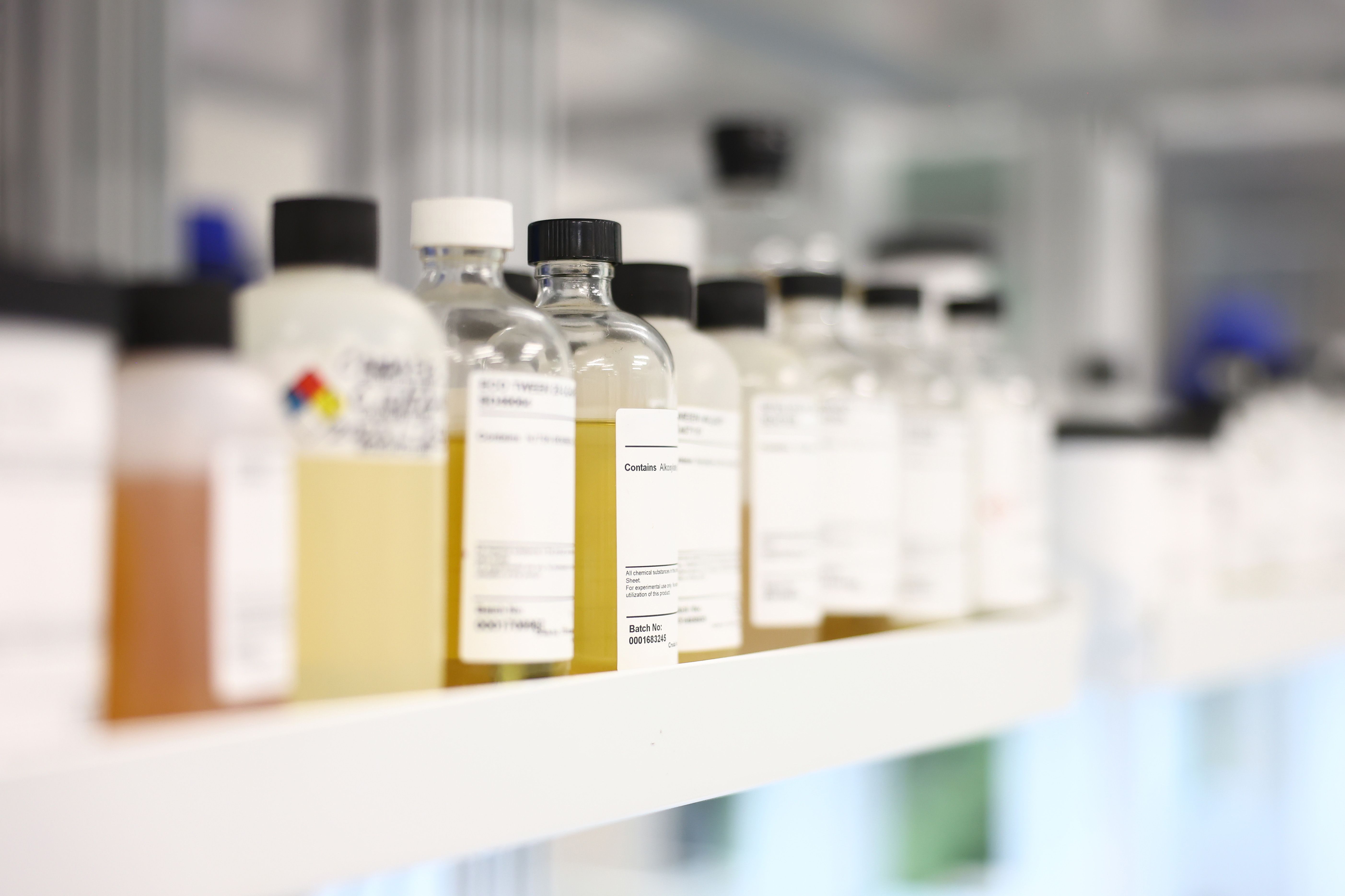Preservative samples lined up on the laboratory bench