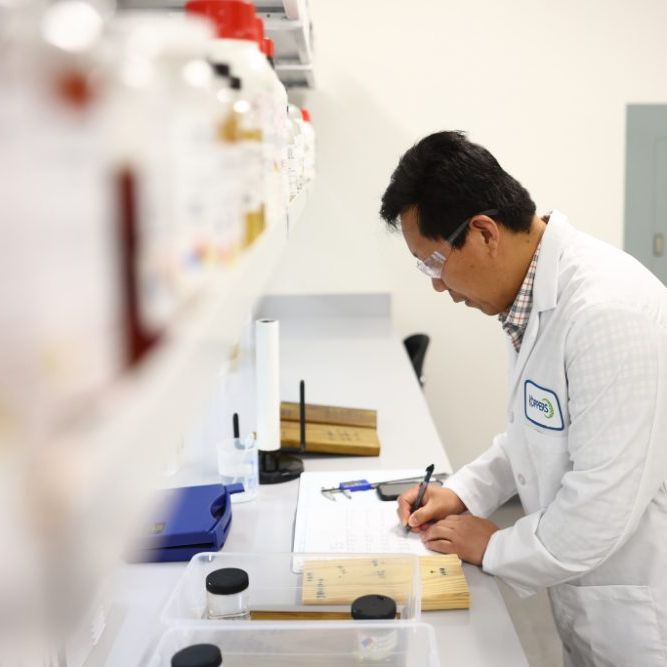 Koppers chemist recording results in the laboratory