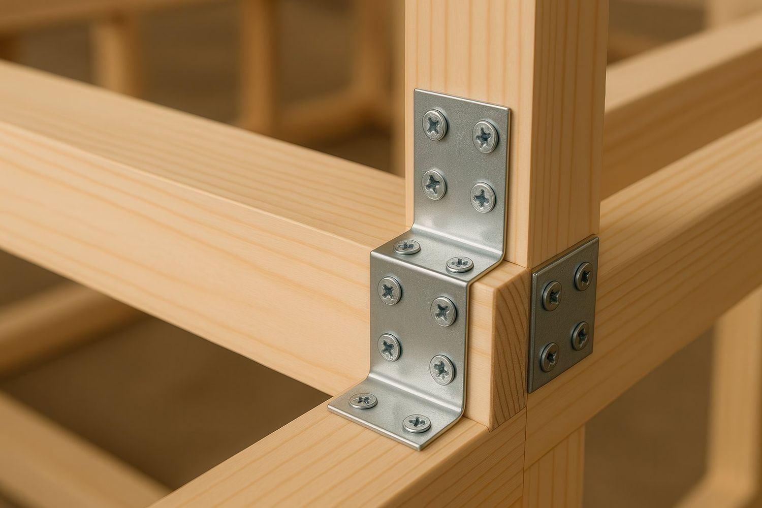 Wood framing joint fastened with steel brackets