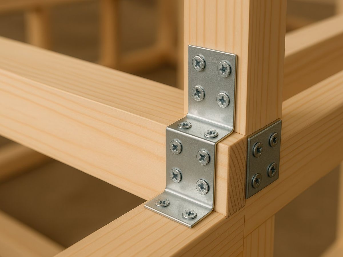 Wood framing joint fastened with steel brackets