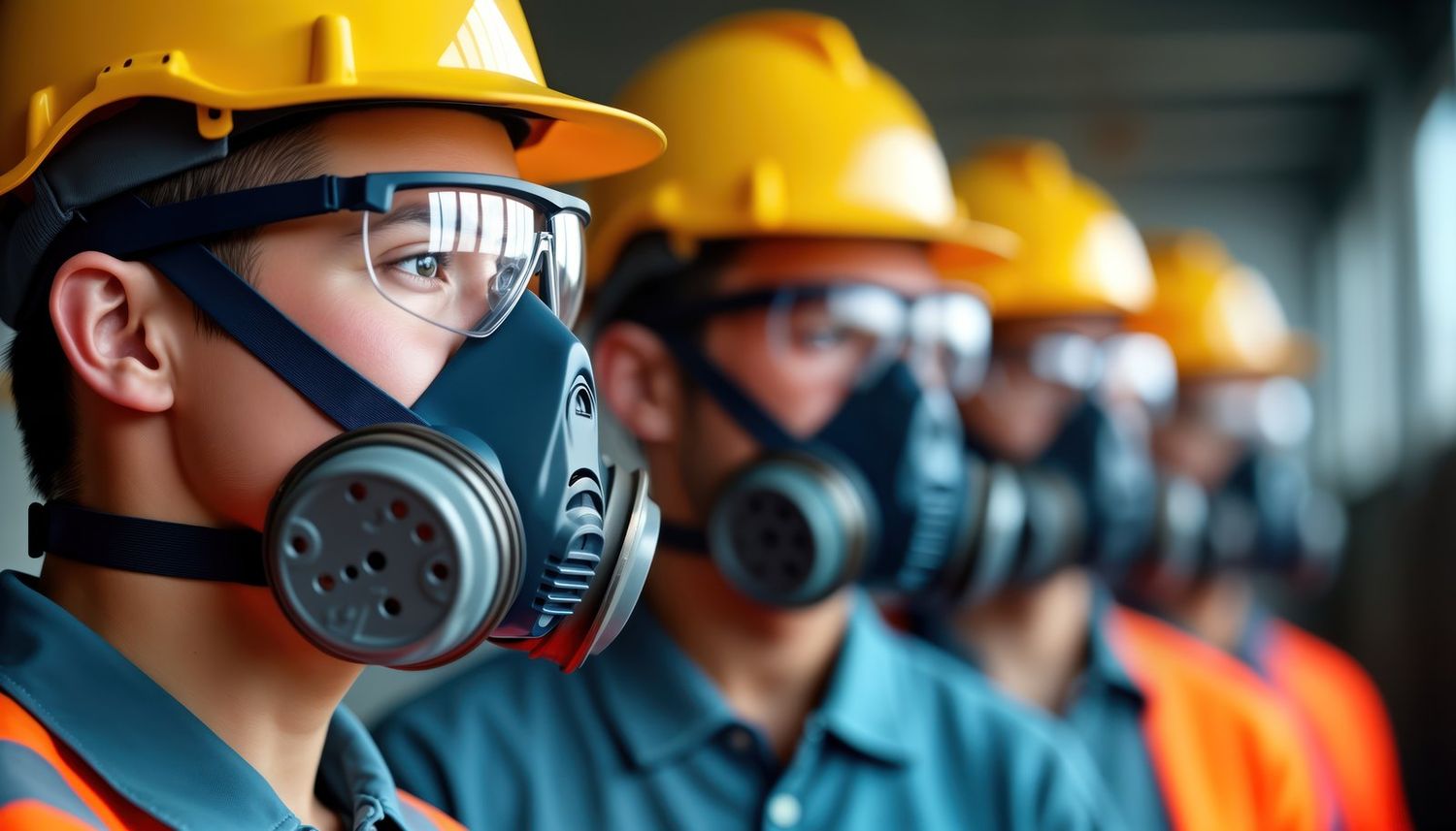 Plant crew wearing hard hats, goggles and respirators