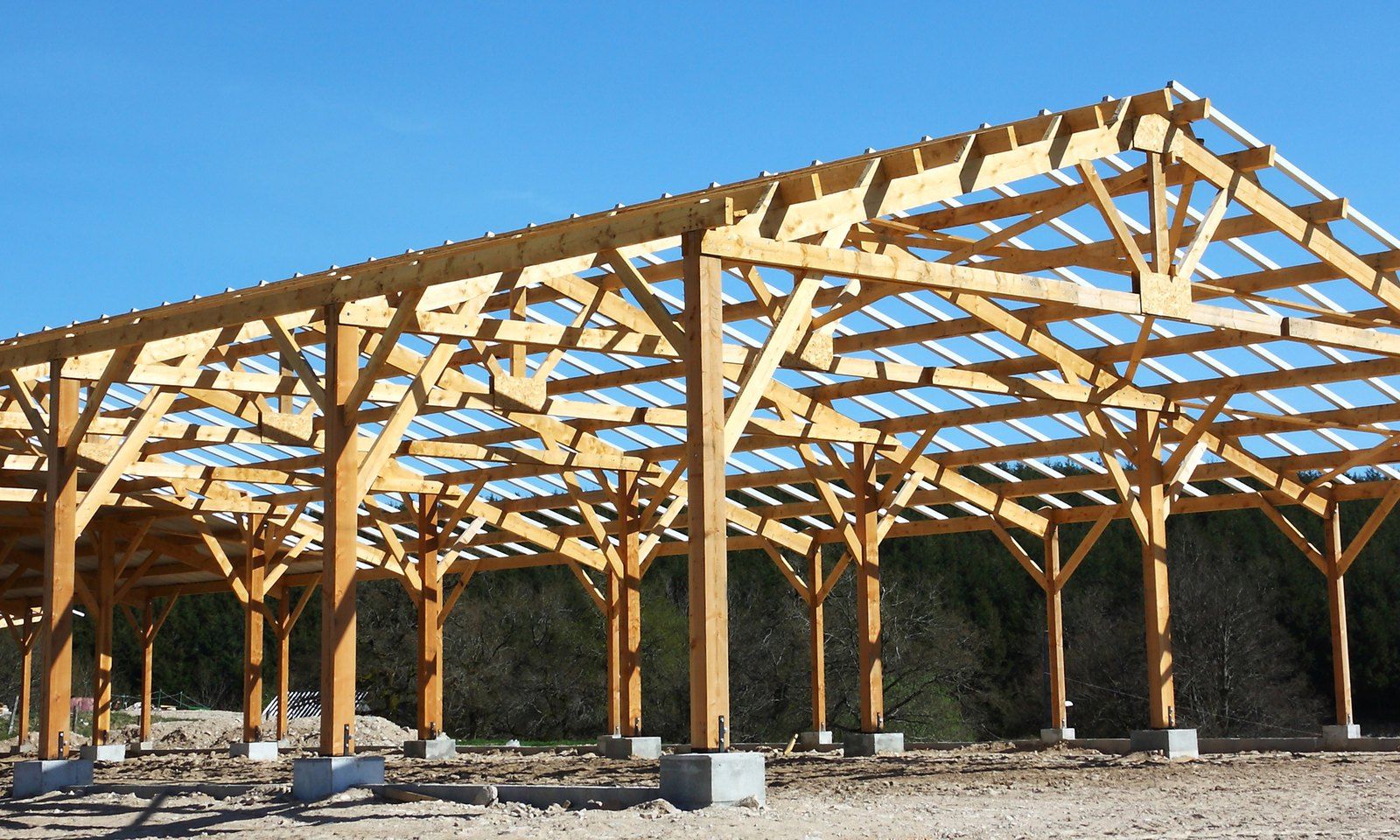 Open timber pole-barn frame under construction