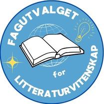 Rund blå logo for Fagutvalget for litteraturvitenskap med en åpen bok i midten foran en globus, omgitt av teksten «Fagutvalget for litteraturvitenskap» samt en lyspære og en stjerne som symboler på idé og kunnskap.