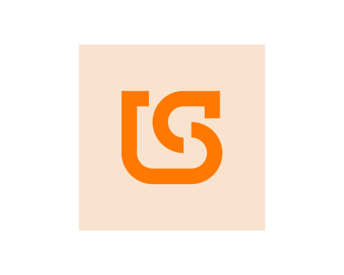 Oransje, sammenflettet monogram-logo med bokstavene L og S på en lys beige kvadratisk bakgrunn.