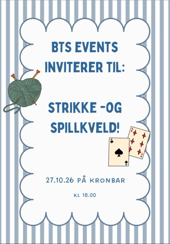 Plakat med blå og hvite striper, garnnøste og spillkort som inviterer til strikke- og spillkveld på Kronbar 27.10.26 kl. 18.00.