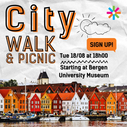 Plakat for «City Walk & Picnic» med fargerik illustrasjon av Bryggen i Bergen og informasjon om byvandring og piknik som starter ved Universitetsmuseet i Bergen.
