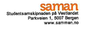 Logo for Studentsamskipnaden på Vestlandet (Sammen) med oransje «saman»-tekst og adresseinformasjon til Parkveien 1, 5007 Bergen samt nettsiden www.sammen.no.