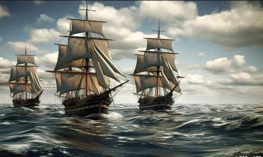 Tre gamle seilskip med fulle seil krysser et bølgende hav under en skyfylt himmel.