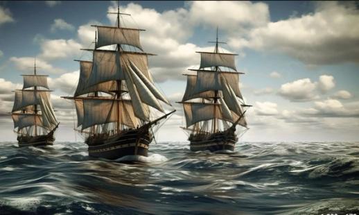 Tre gamle seilskip med fulle seil krysser et bølgende hav under en skyfylt himmel.
