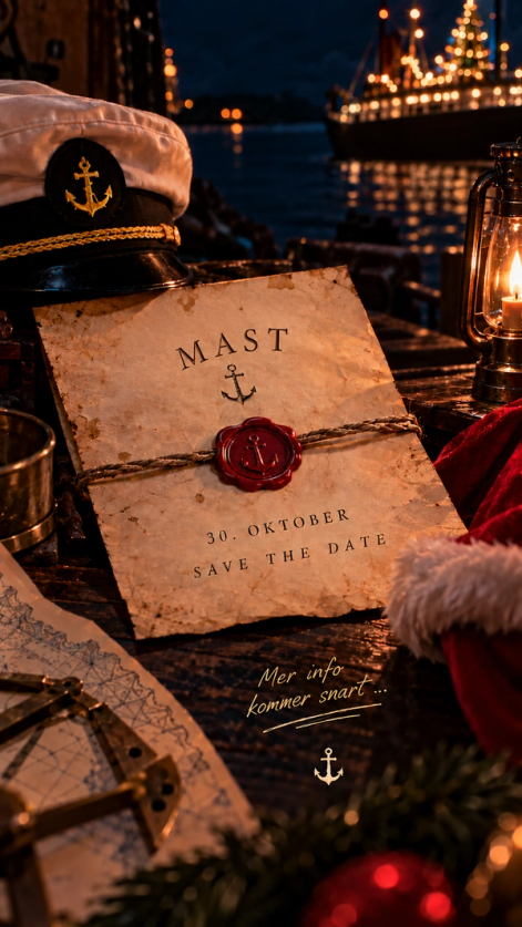En sjĂžmannslue, et gammelt kart og en invitasjon med teksten «MAST â 30. oktober â Save the date» ligger ved en tent lykt, med et julepyntet skip i bakgrunnen.