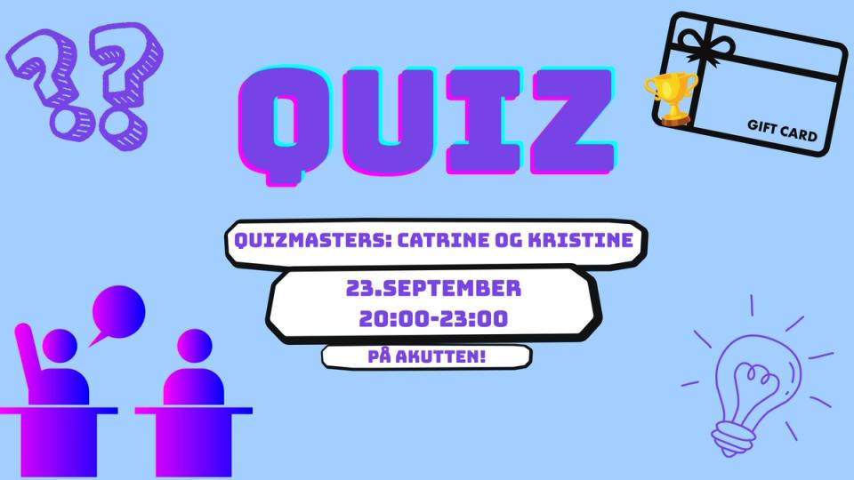 Illustrasjon av en quizkveld på Akutten 23. september kl. 20–23, med quizmasterne Catrine og Kristine. Plakaten viser spørsmålstegn, quizdeltakere, en lyspære og et gavekort med pokal.