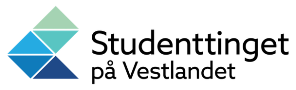 Logo for Studenttinget på Vestlandet med et geometrisk, flerfarget symbol til venstre og navnet skrevet med svart tekst til høyre.