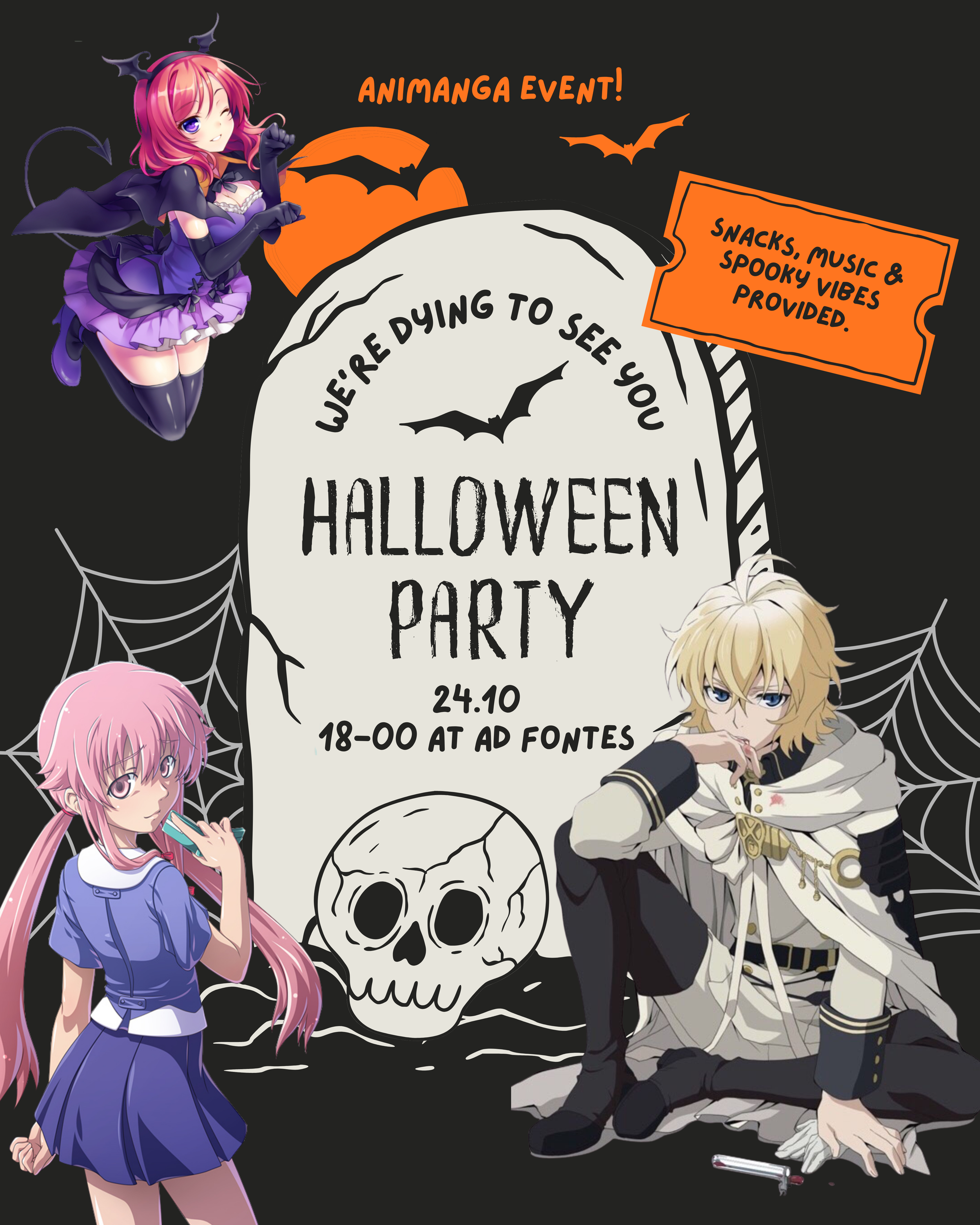 Plakat for Animanga Halloween-fest 24. oktober kl. 18–00 på Ad Fontes, illustrert med animefigurer, gravstein, hodeskalle, flaggermus og spindelvev. Snacks, musikk og skummel stemning er inkludert.