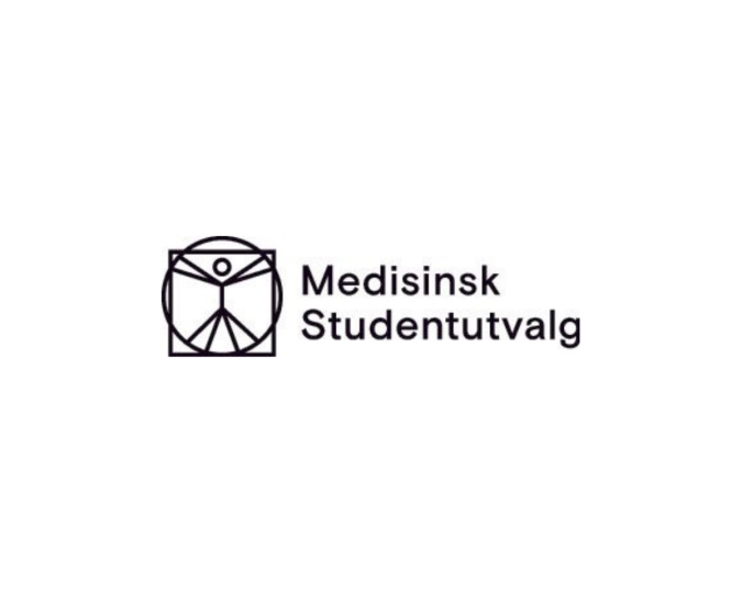 Logo for Medisinsk Studentutvalg med et stilisert menneskefigur-ikon til venstre og organisasjonens navn skrevet med svart tekst til høyre.