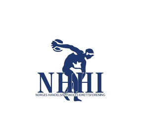 Logo of NHHI featuring a blue silhouette of an athlete in a throwing pose above the large initials “NHHI” and the text “NORGES HANDELSHØYSKOLES IDRETTSFORENING.”