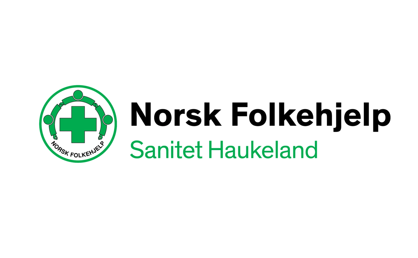 Logo for Norsk Folkehjelp Sanitet Haukeland, med grønt kors og mennesker i ring til venstre og organisasjonens navn i svart og grønn tekst til høyre.