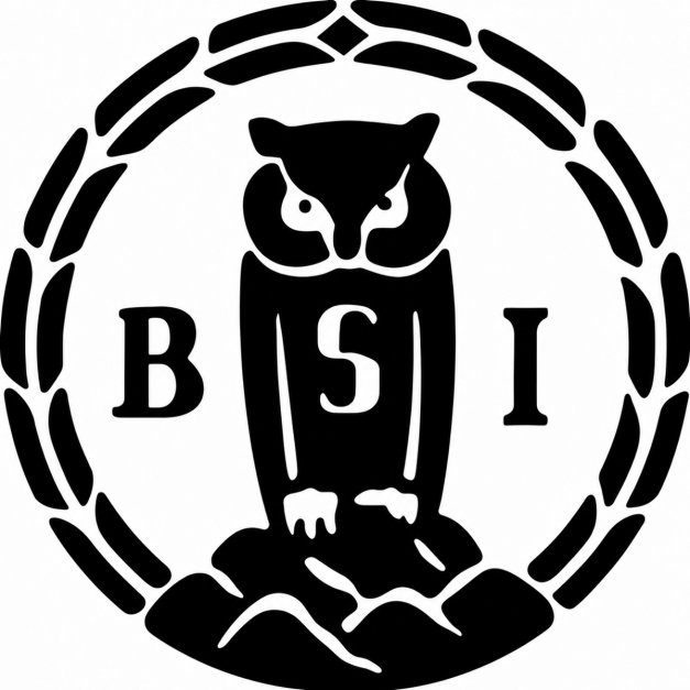Svart-hvitt logo med en stilisert ugle som sitter på en stein med bokstaven S på brystet, omgitt av en sirkel av laurbærblader og bokstavene B og I på hver side.