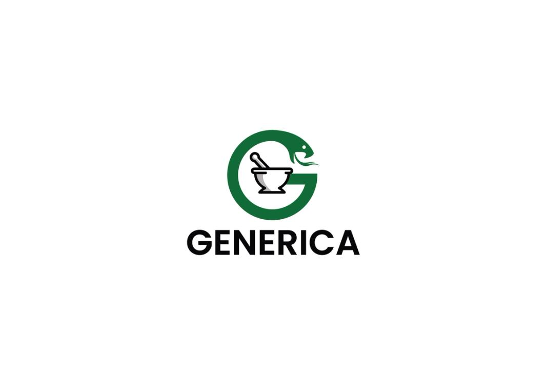 Logo for GENERICA med en grønn bokstav G som omkranser en morter og støter, med en stilisert slangeform øverst til høyre.