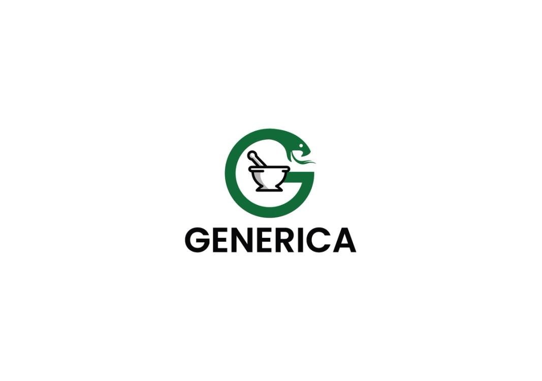Logo for GENERICA med en grønn bokstav G som omkranser en morter og støter, med en stilisert slangeform øverst til høyre.