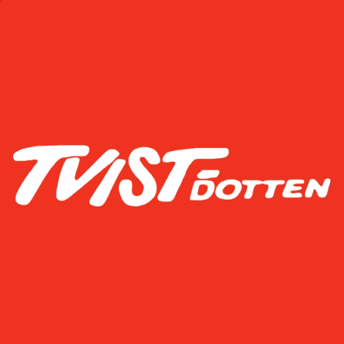 Logo med teksten «TVISTDOTTEN» i hvit, rund skrift på en ensfarget rød bakgrunn.